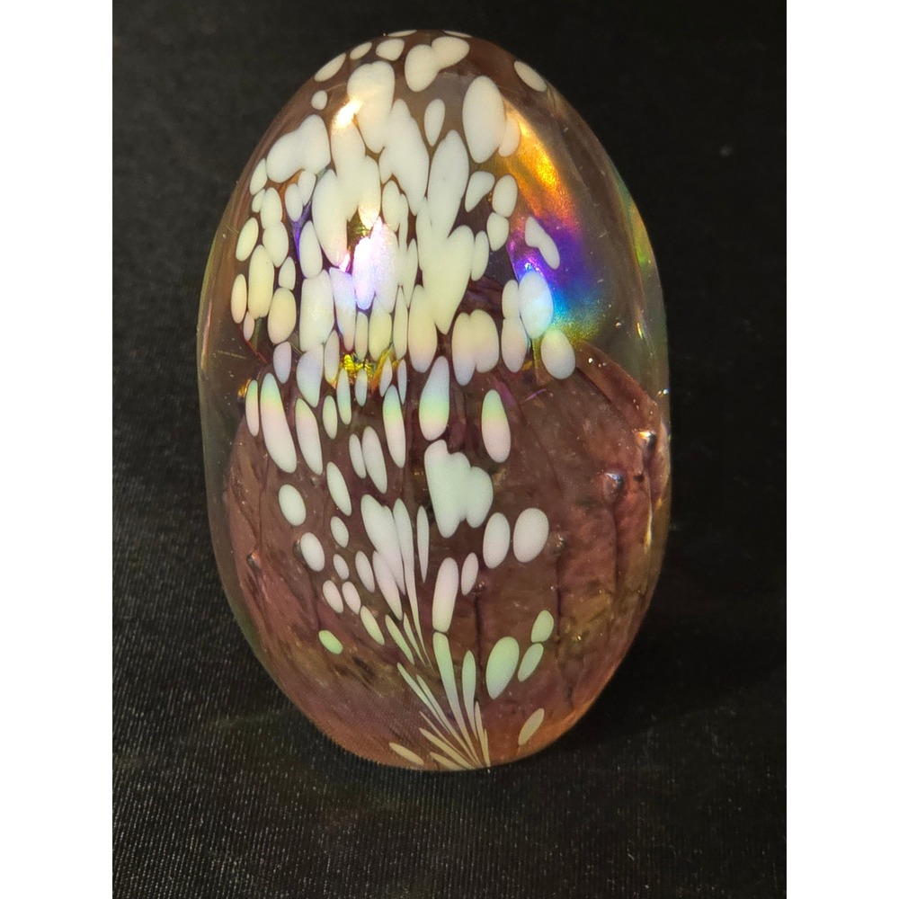 Vintage Iridescent Art Glass Egg Paperweight Purple White Speckled Cactus Design